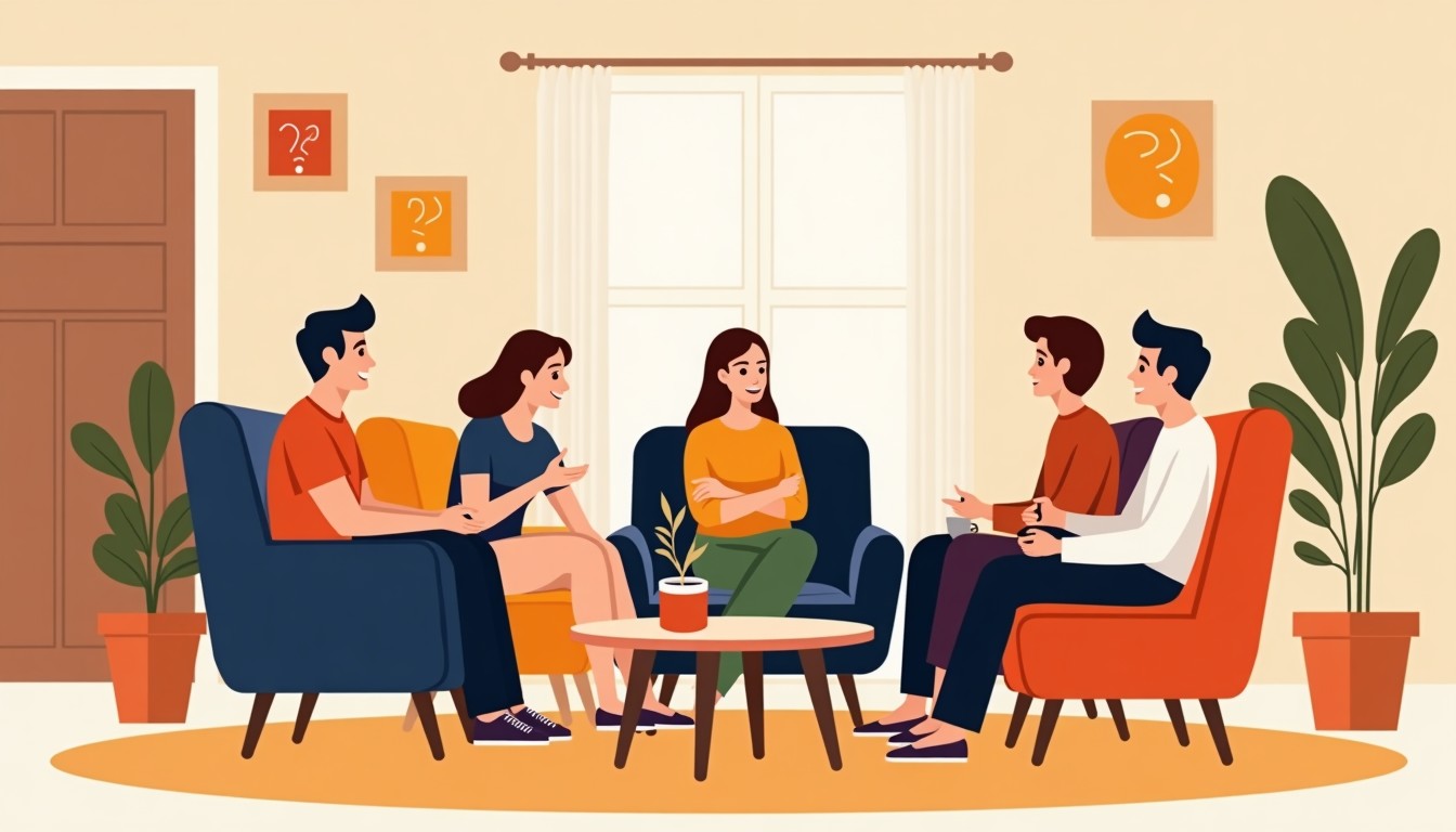 Group of friends in a Dutch living room, one person saying 'hè?' with a smile