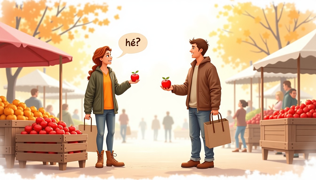 Market vendor and customer, customer saying 'hè?' while holding an apple