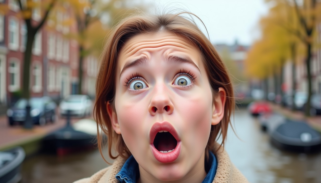 Surprised face saying 'hè?!' with canal background