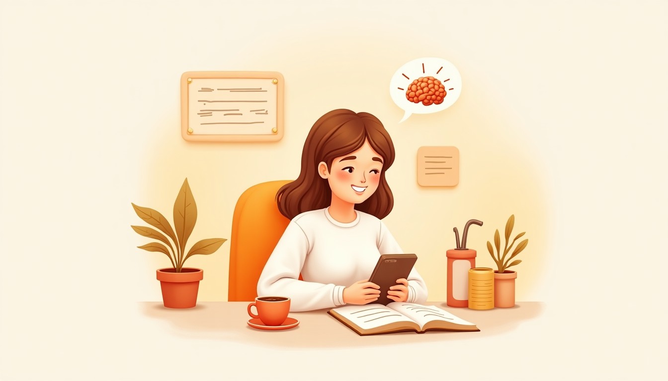 Person at desk with coffee, notebook, and phone showing Dagboek app, with a glowing brain icon above head