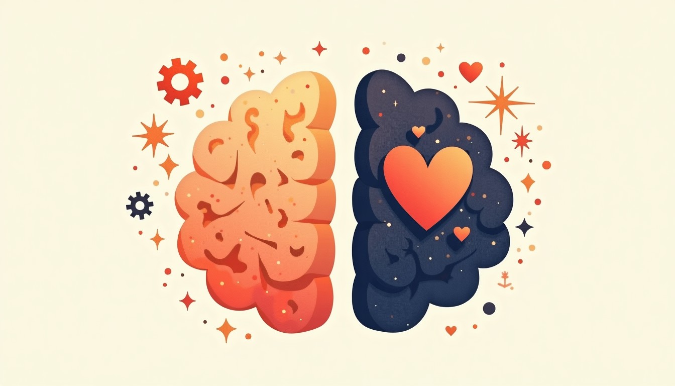 Brain illustration with left side showing puzzles and gears, right side showing hearts and sparks, emotional side glowing