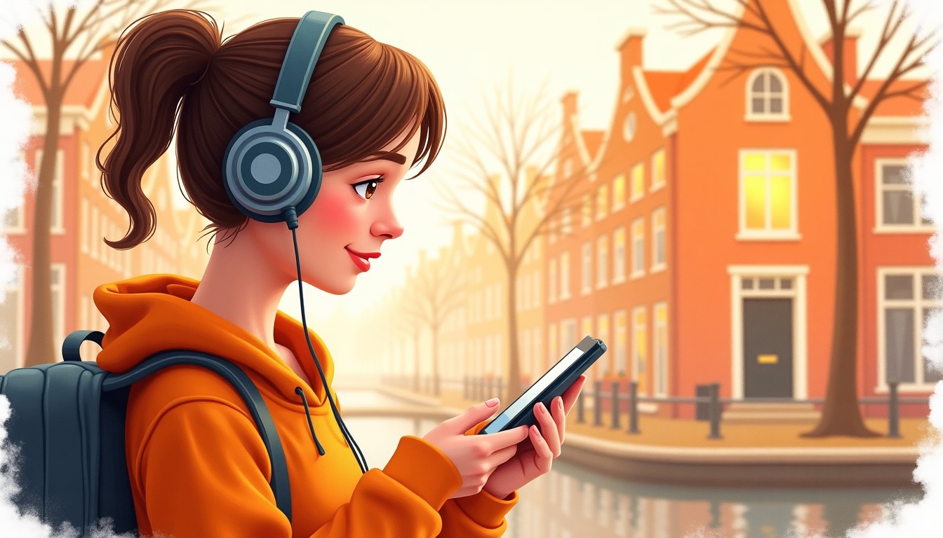 Person wearing headphones listening to podcast on phone, background of Dutch canal house with warm window