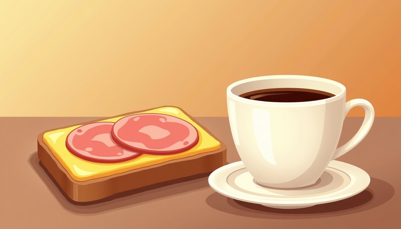 A slice of bread with cheese and ham on a plate, next to a coffee cup on a wooden table.