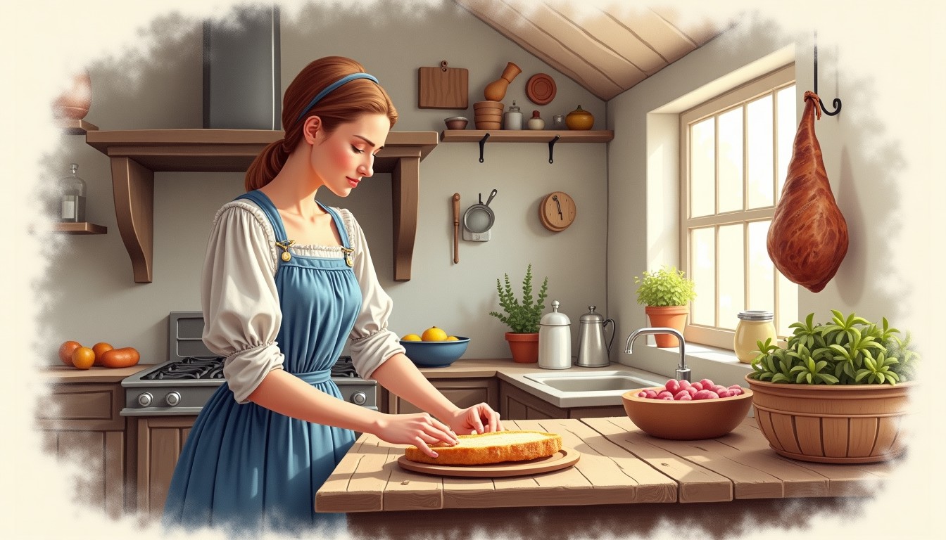 A woman in traditional Dutch clothing buttering bread in a rustic kitchen with a ham hanging from the ceiling.