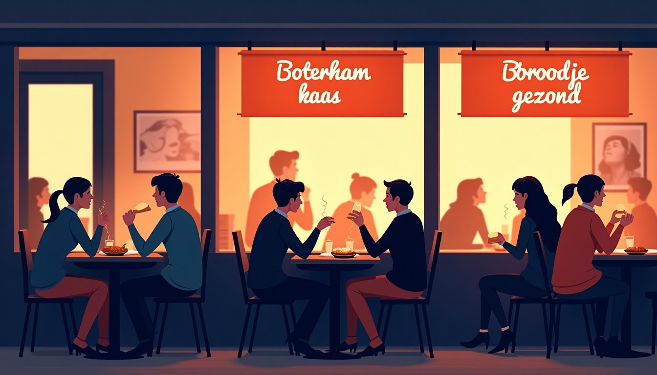 A cozy Dutch lunchroom interior with customers eating open-faced sandwiches at a wooden table.