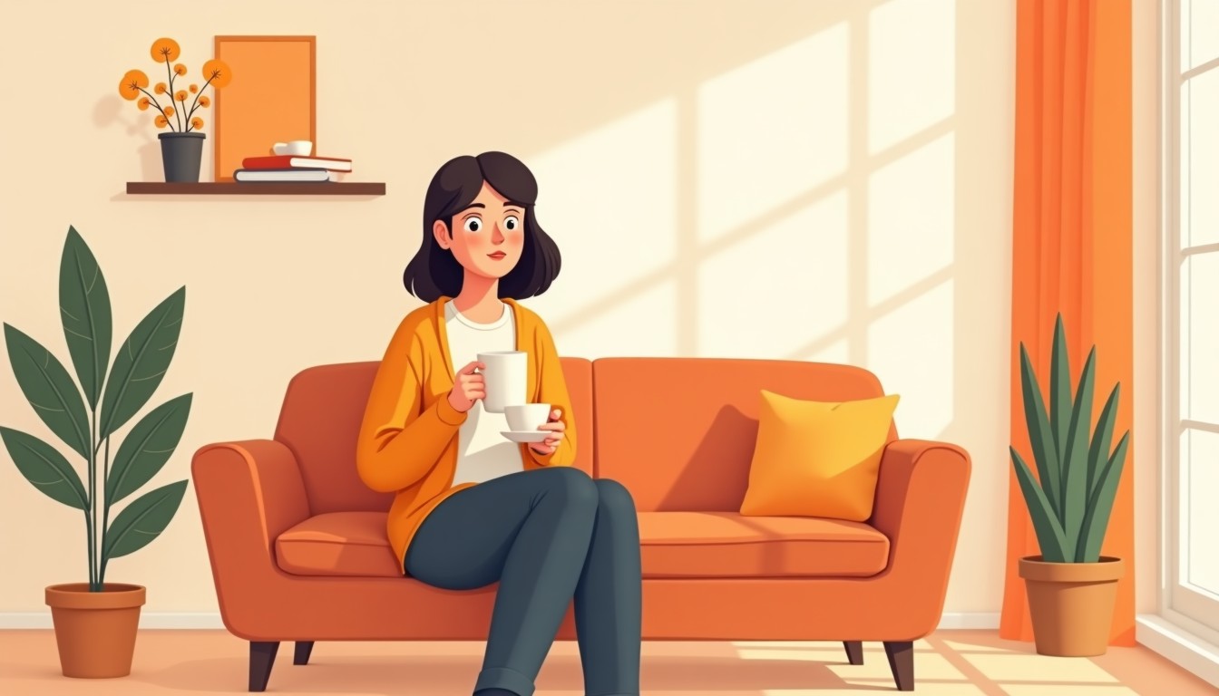 Person sitting on a sofa in a cozy Dutch living room, holding a coffee cup, looking thoughtful