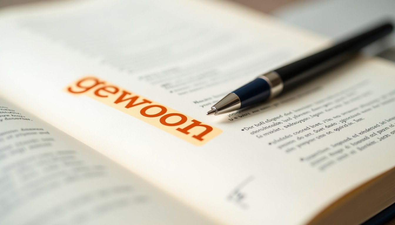 Open Dutch textbook with the word 'gewoon' highlighted in orange, pen resting on the page