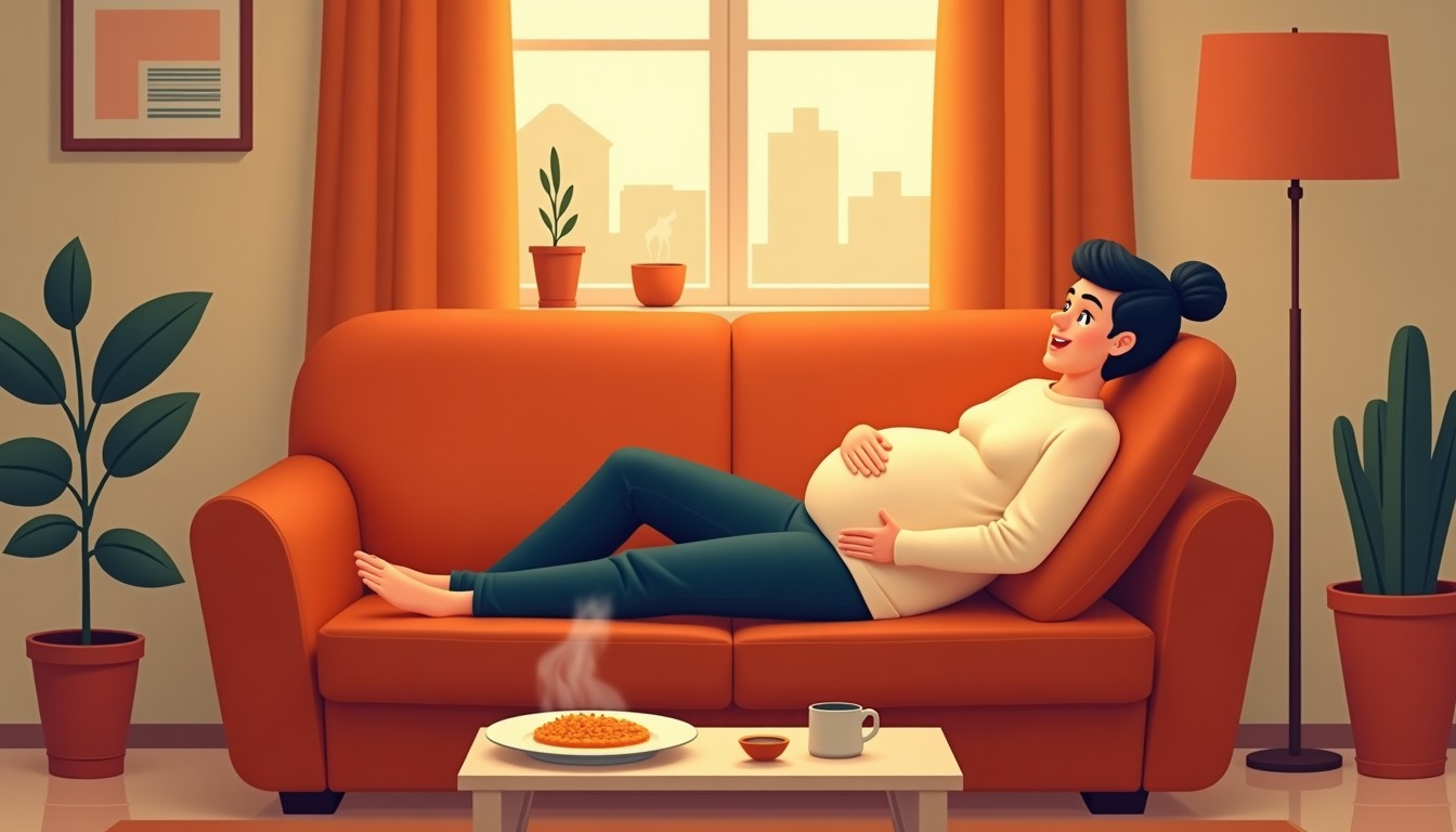 A person relaxing on a couch after a meal, hands on belly, with a bowl of pea soup on the table.