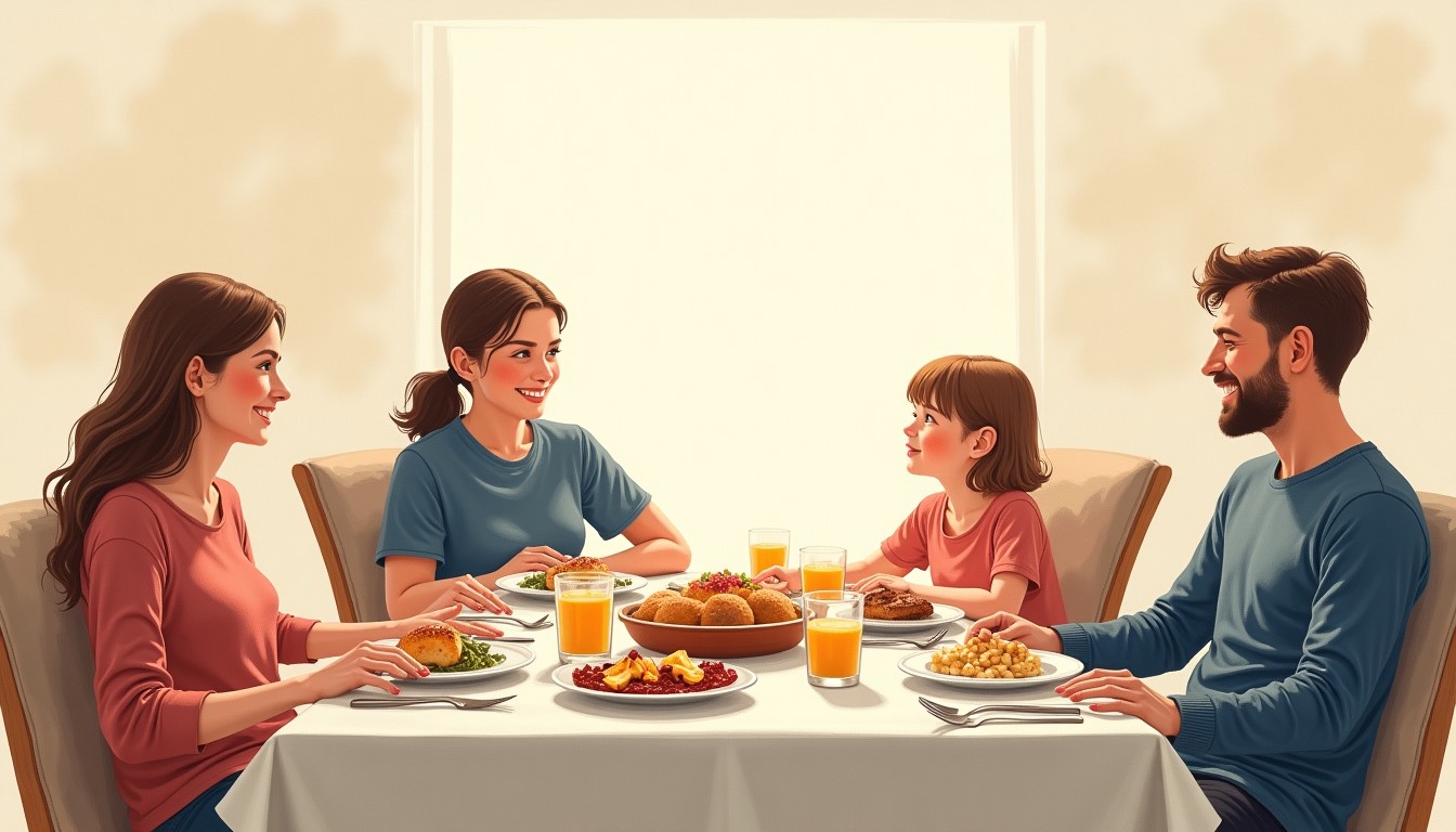 A Dutch family relaxing around a dinner table after a meal, leaning back and chatting.