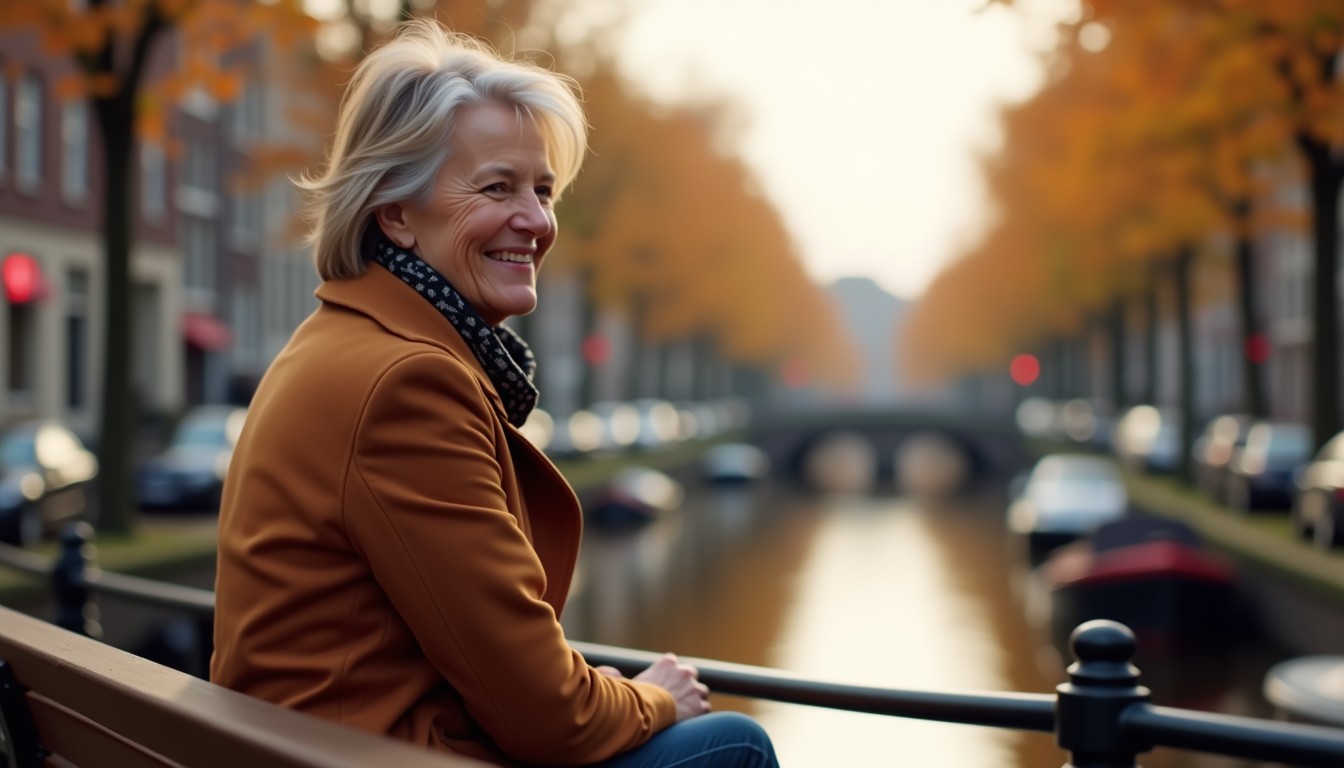 A person sitting on a bench by a canal, looking relaxed after a meal, coat unbuttoned.