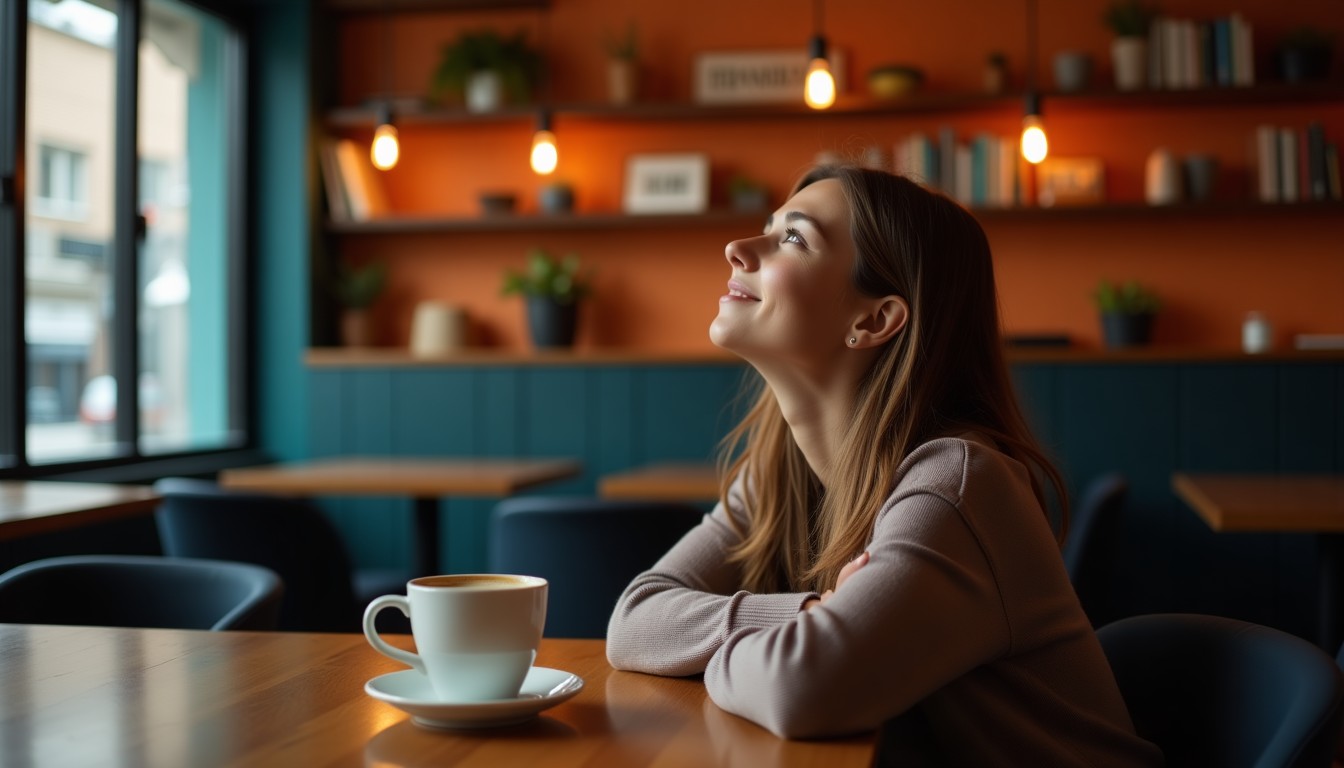 A person leaning back in a cozy cafe chair after finishing coffee, looking relaxed.