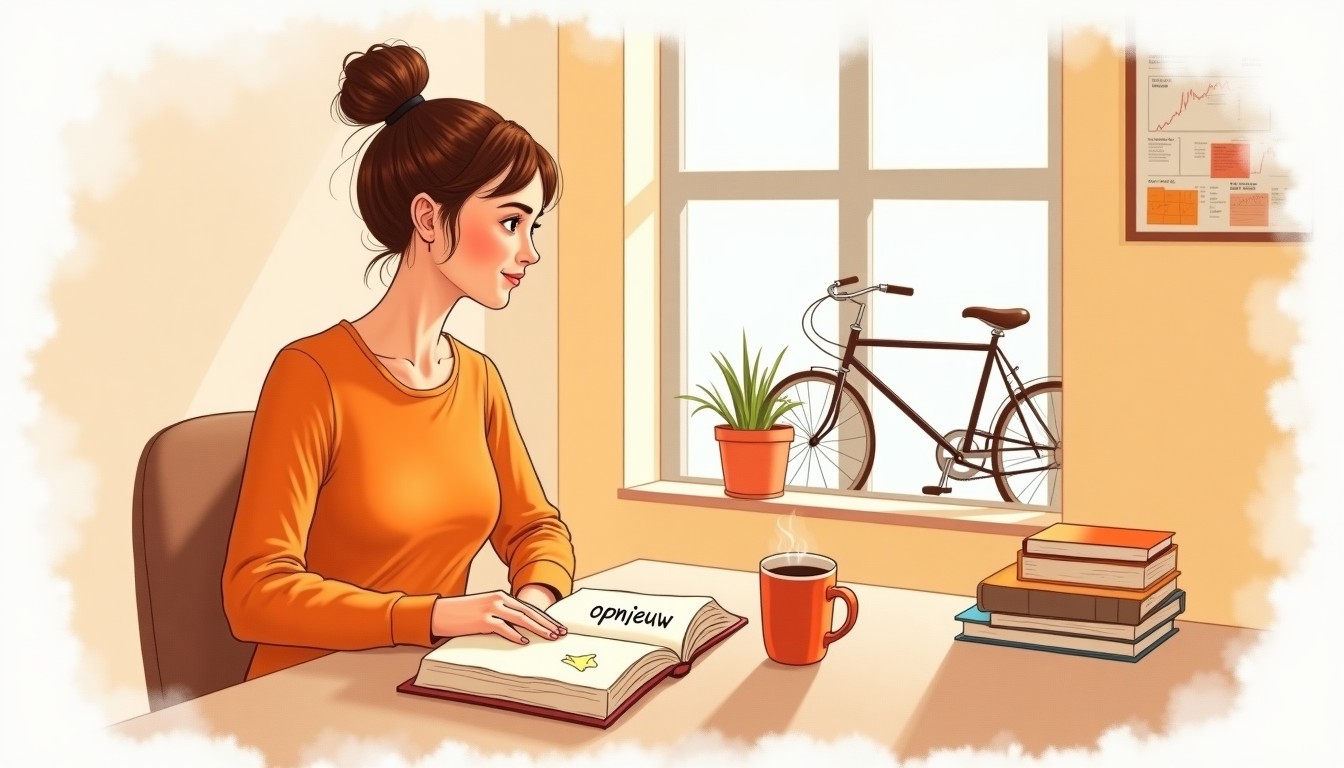 Person at desk with notebook and coffee, studying Dutch with a sticky note that says opnieuw