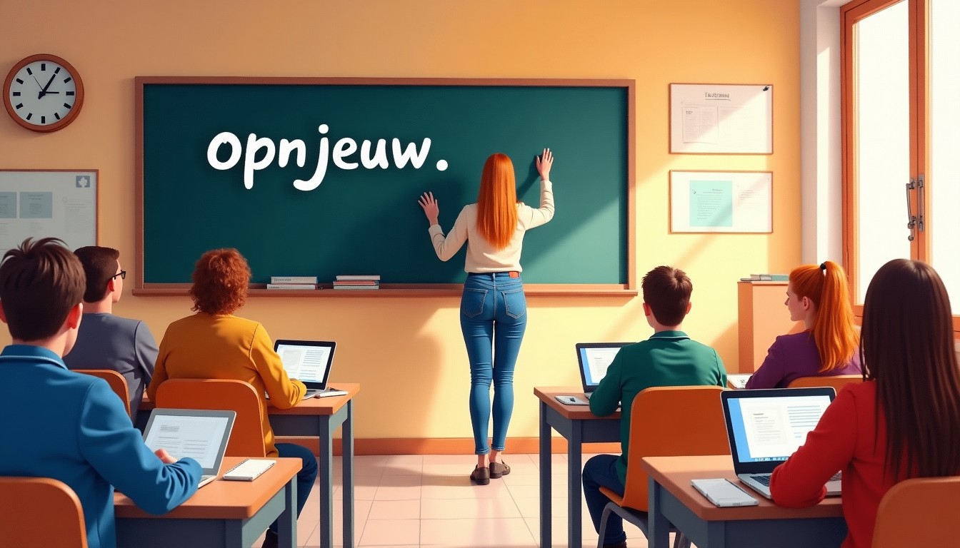 Dutch classroom with teacher at blackboard and students studying