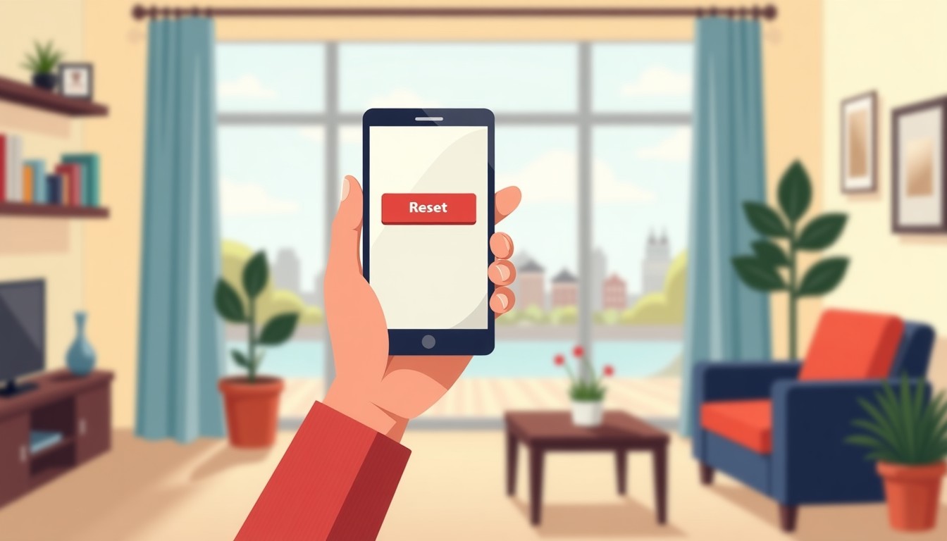 Hand pressing a reset button on a smartphone language app in a cozy Dutch living room