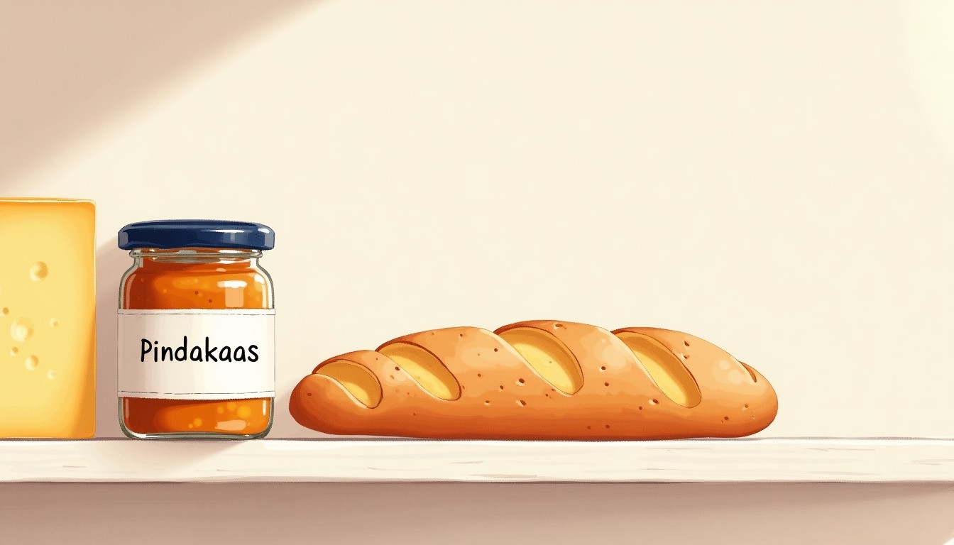 Jar of pindakaas on a pantry shelf with cheese and bread in the background