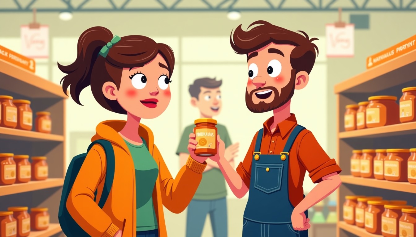 Expats holding a jar of pindakaas with a confused look in a supermarket