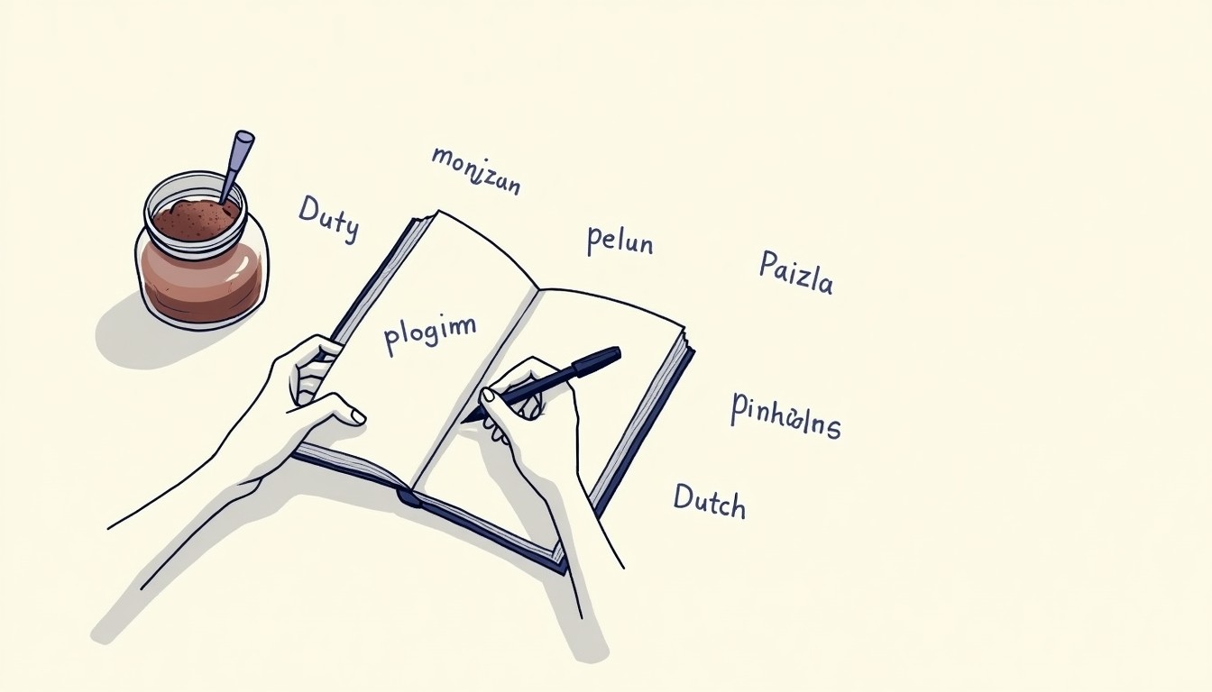 Hand writing Dutch vocabulary in a notebook with a jar of pindakaas nearby