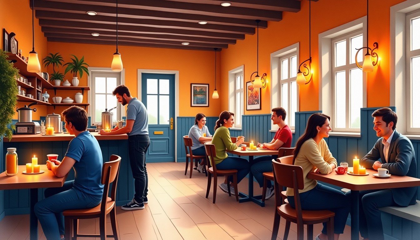 Cozy Dutch brown café with candles and wooden furniture