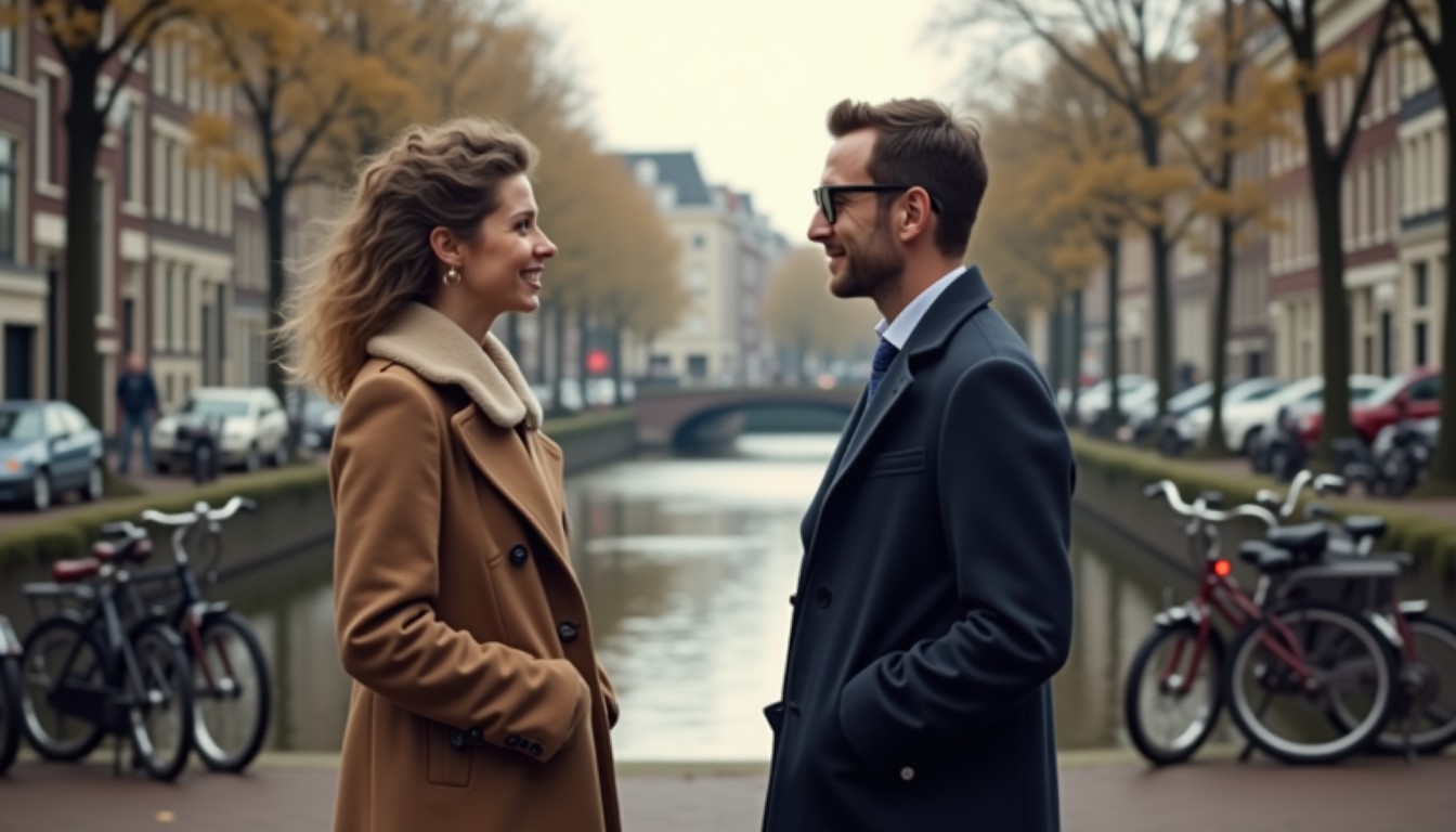 Person in vintage coat on Dutch street receiving a compliment