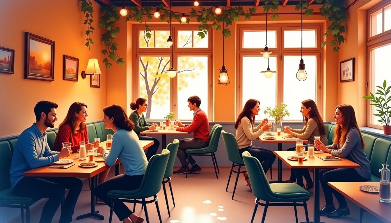 Friends enjoying a gezellig evening at a Dutch café with candles and bitterballen