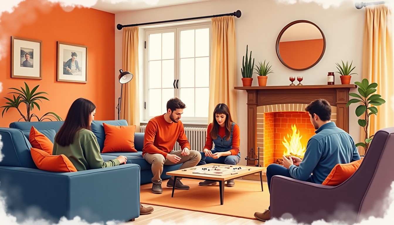 A group of people playing board games in a warmly lit living room