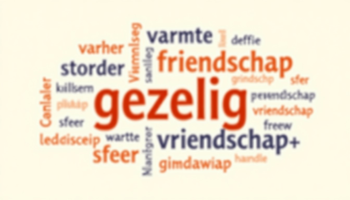 Word cloud illustration with 'gezellig' at the center and related Dutch words around it