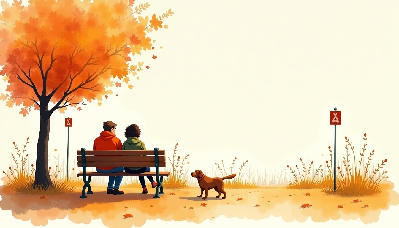 Two friends chatting on a park bench on a sunny autumn day