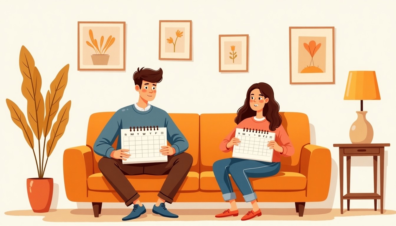 Two people on a couch in a cozy Dutch living room, one holding a calendar and looking confused but amused.