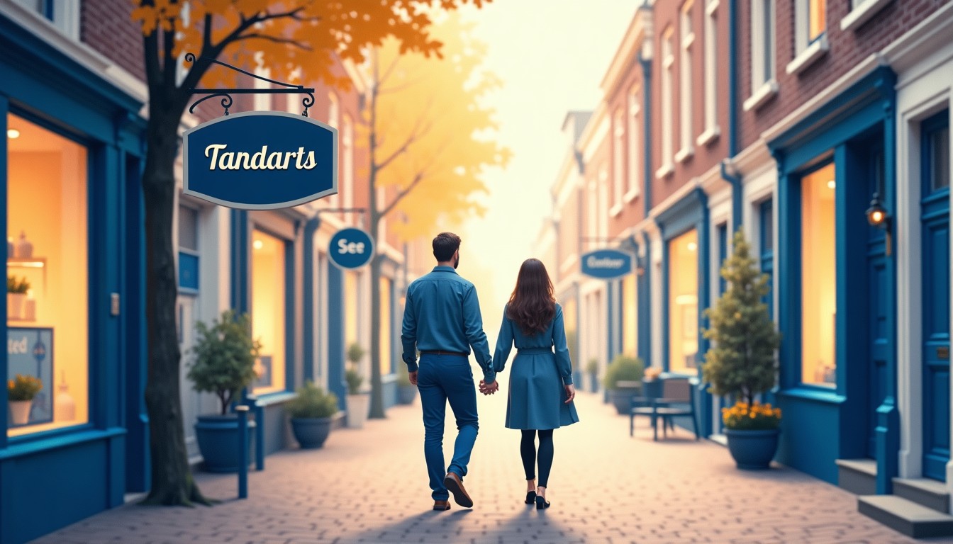 A Dutch street with a dentist sign and a couple walking hand in hand past it.