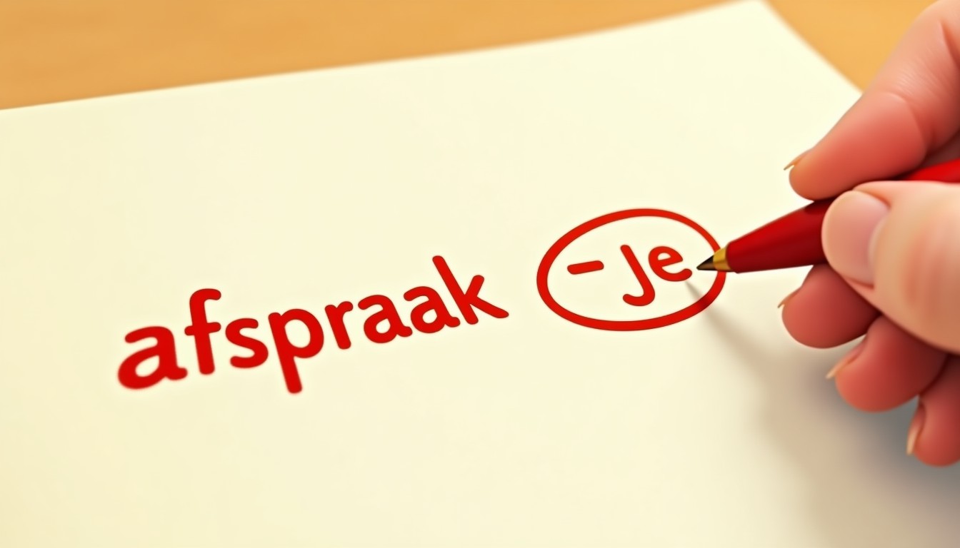 A hand writing 'afspraak' and 'afspraakje' on a notepad, with the -je circled in red.