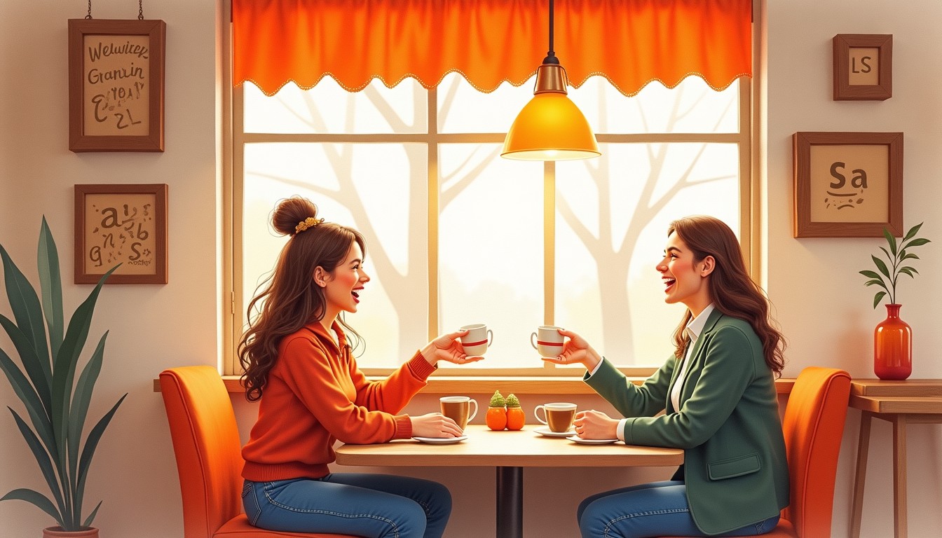 Two friends in a Dutch café, one laughing and the other looking embarrassed.