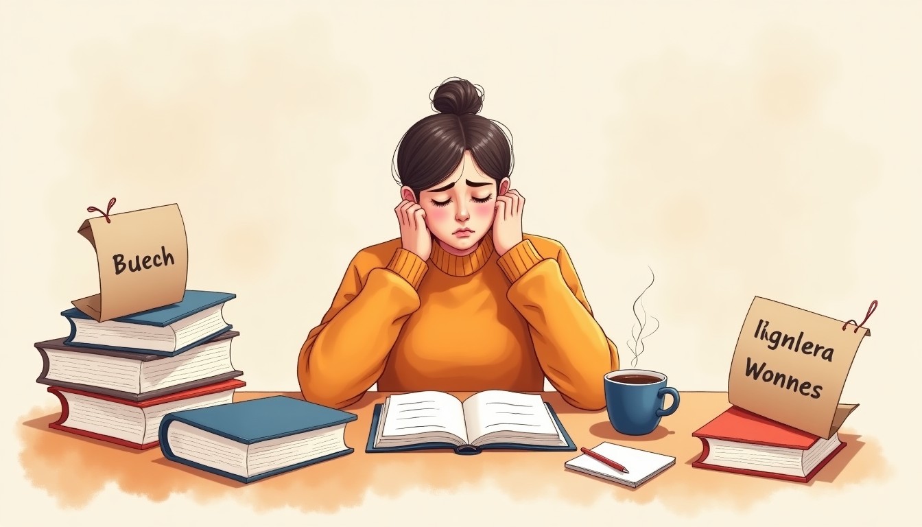Frustrated learner at desk with Dutch grammar book and coffee