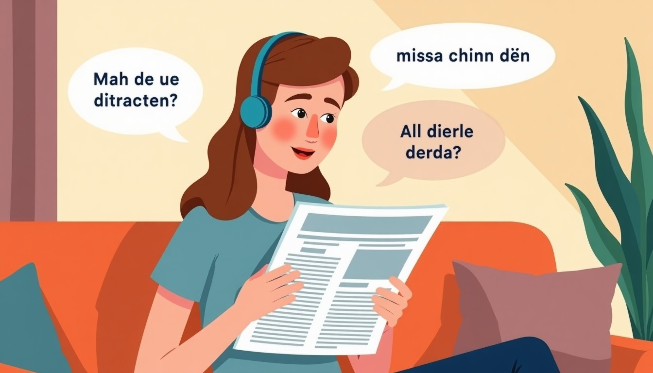 Person listening to Dutch audio while reading a newspaper