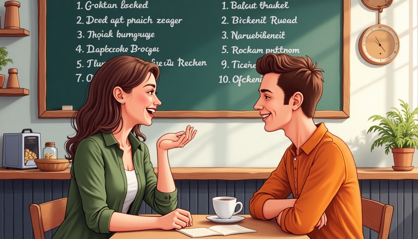 Two people conversing in a Dutch cafe with grammar notes on chalkboard