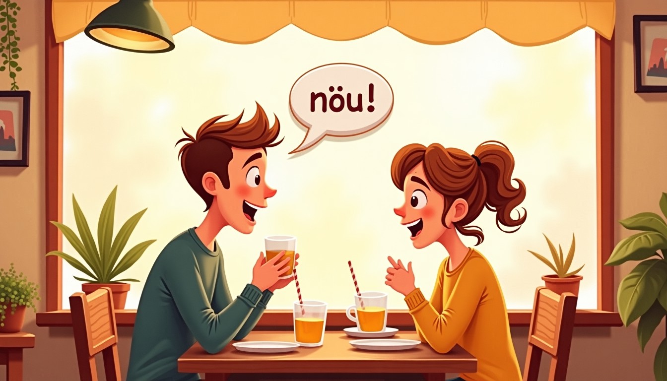 Two friends in a Dutch cafe, one expressing surprise with the word 'nou'