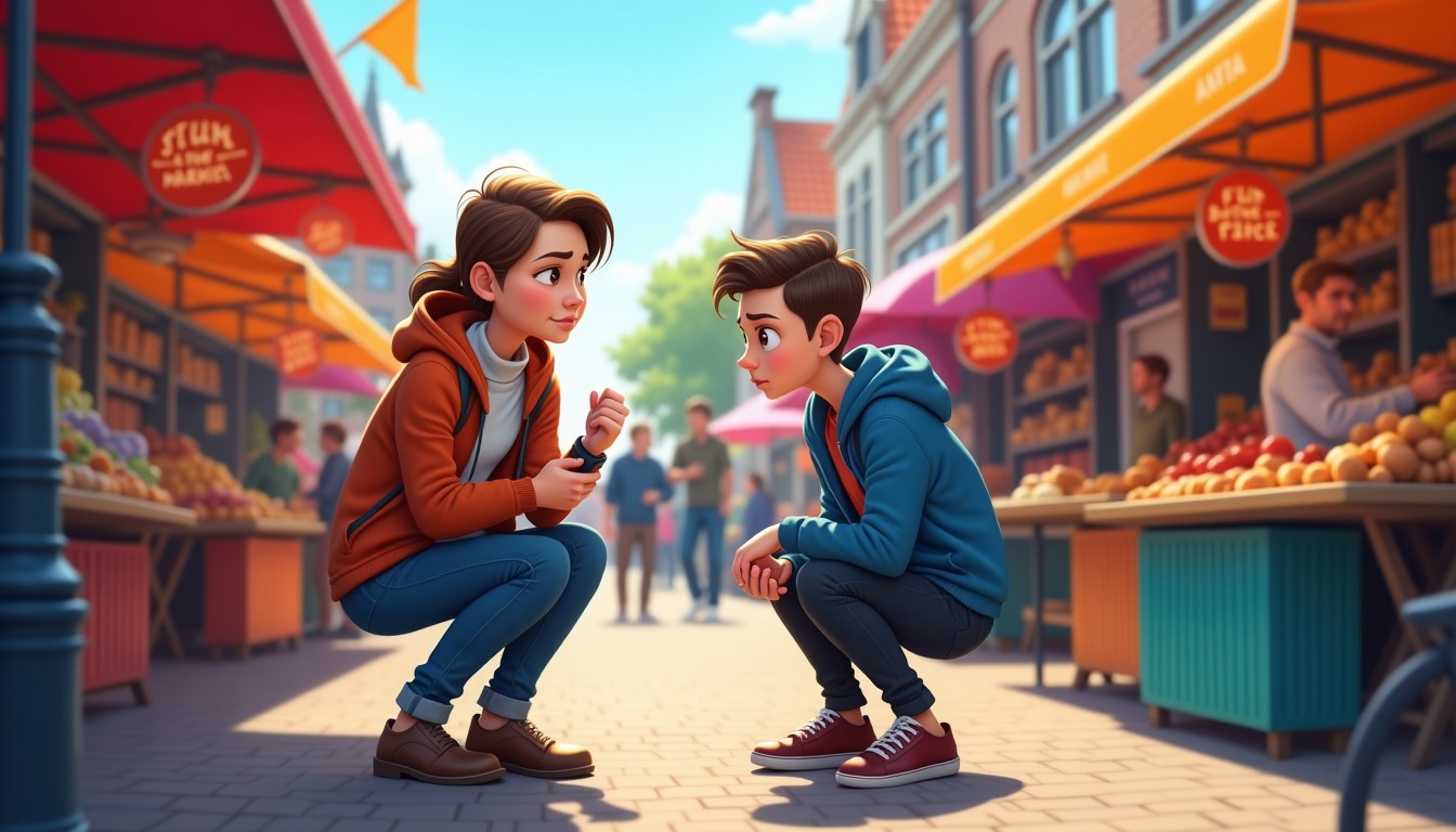 A person waiting impatiently while a friend ties a shoe, expressing 'nou' as hurry up