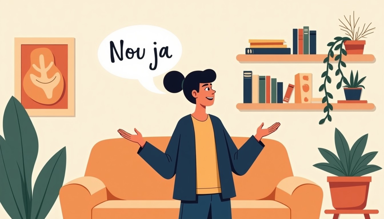 A person shrugging with a smile in a cozy Dutch living room, embodying 'nou ja'