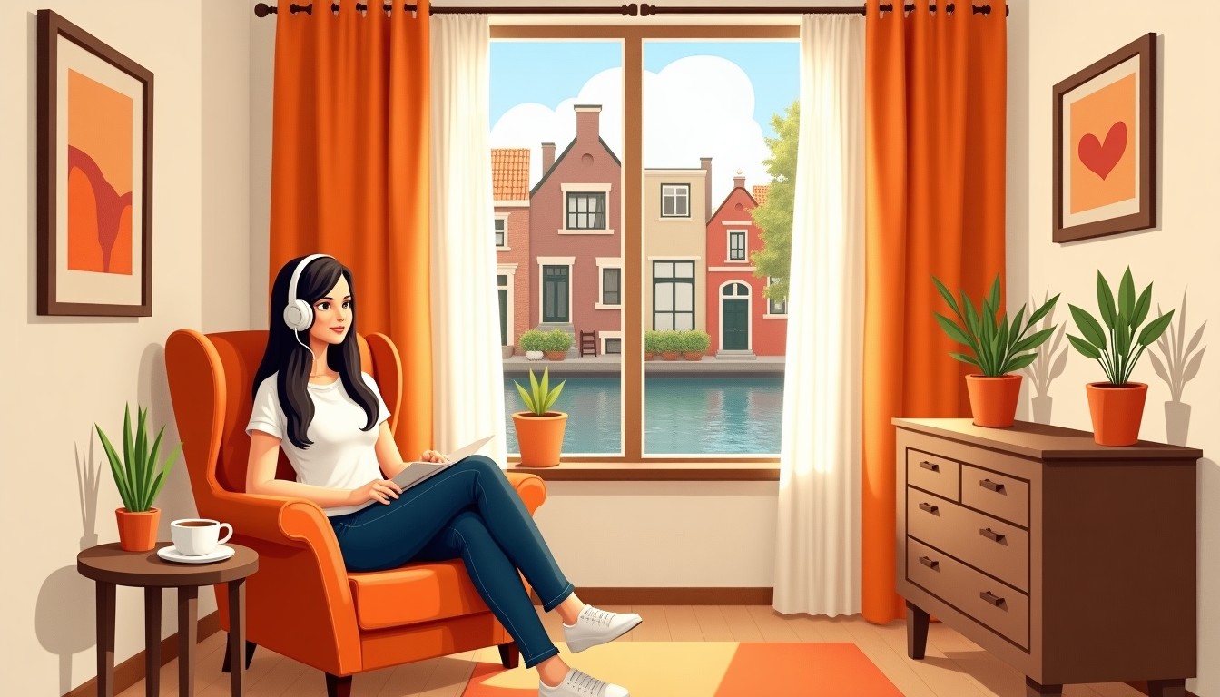 Person wearing headphones relaxing in a cozy Dutch living room with canal view