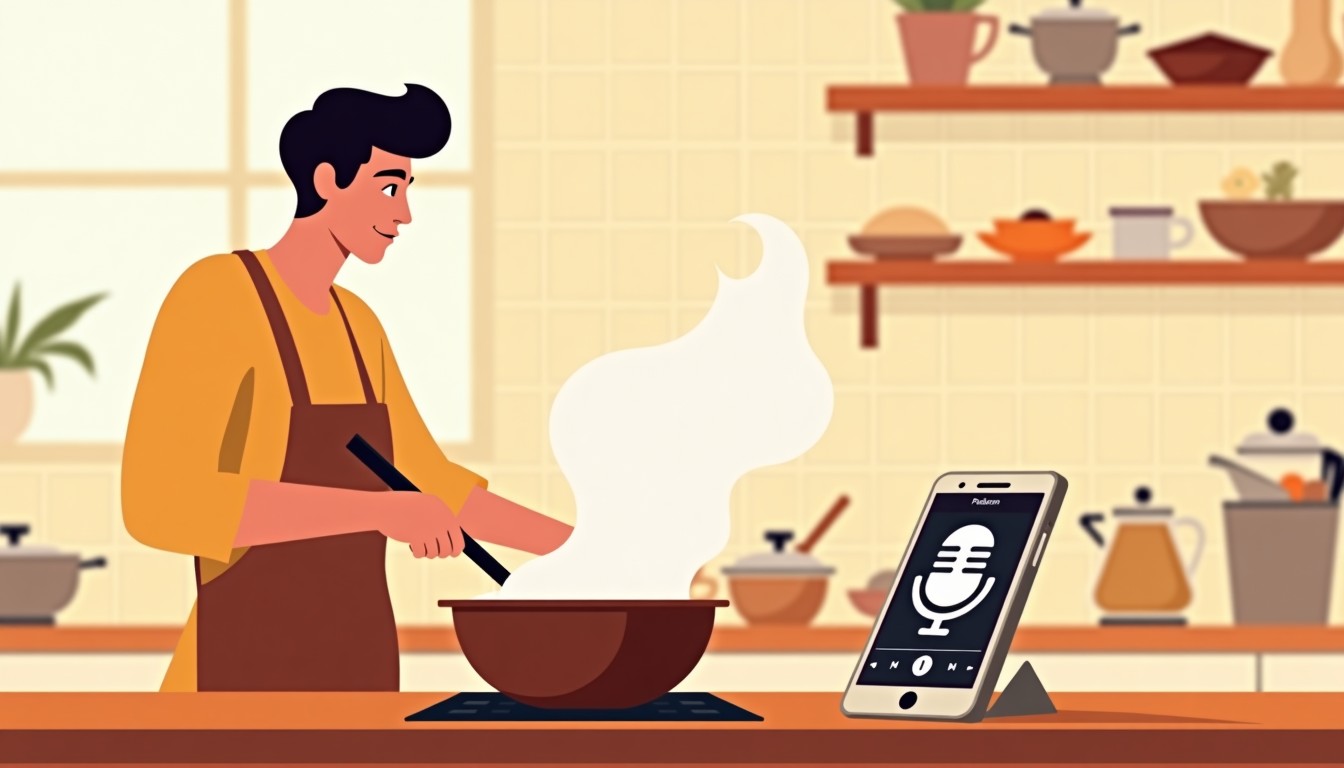Person cooking while listening to a Dutch podcast on a smartphone
