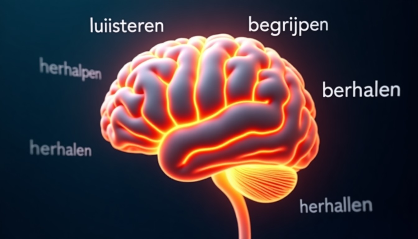 Illustration of brain with neural connections and Dutch words symbolizing language processing