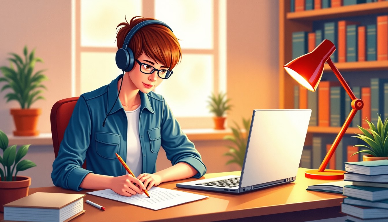 Person studying with a transcript and headphones at a desk