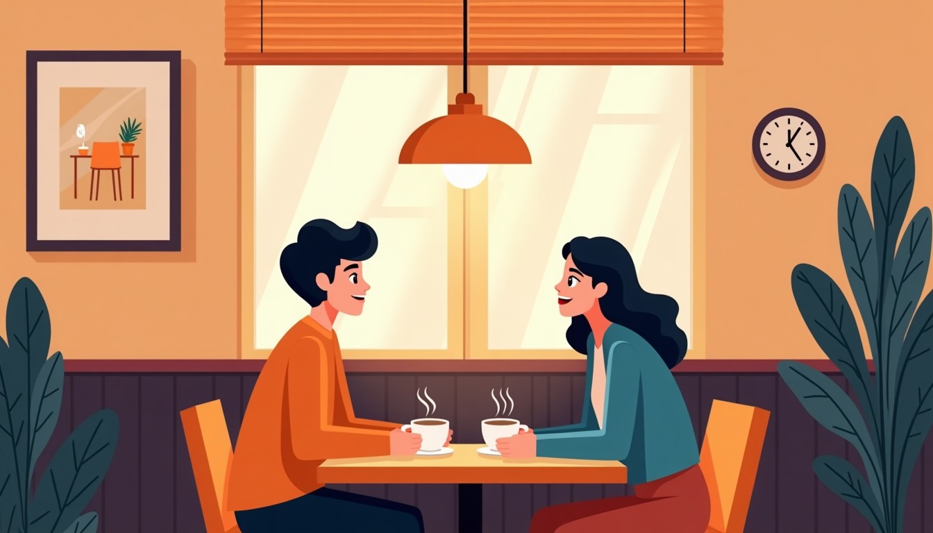 Two friends at a Dutch café, one saying something with a questioning look, coffee cups on the table.