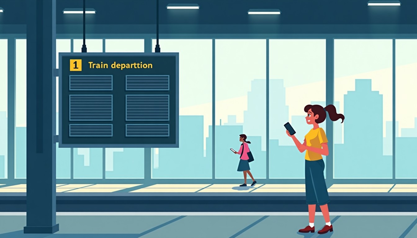 A person at a train station looking annoyed at the departure board, phone in hand.