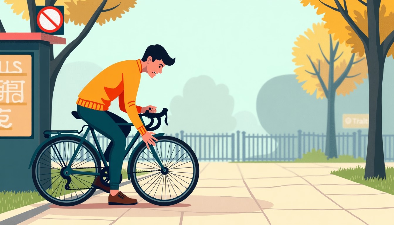 A person grimacing after stubbing their toe on a parked bicycle on a sidewalk.