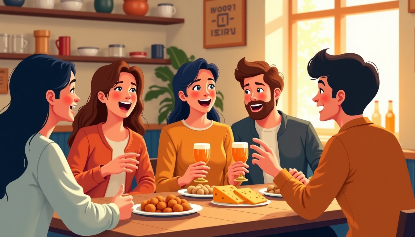Friends laughing at a Dutch borrel with drinks and snacks