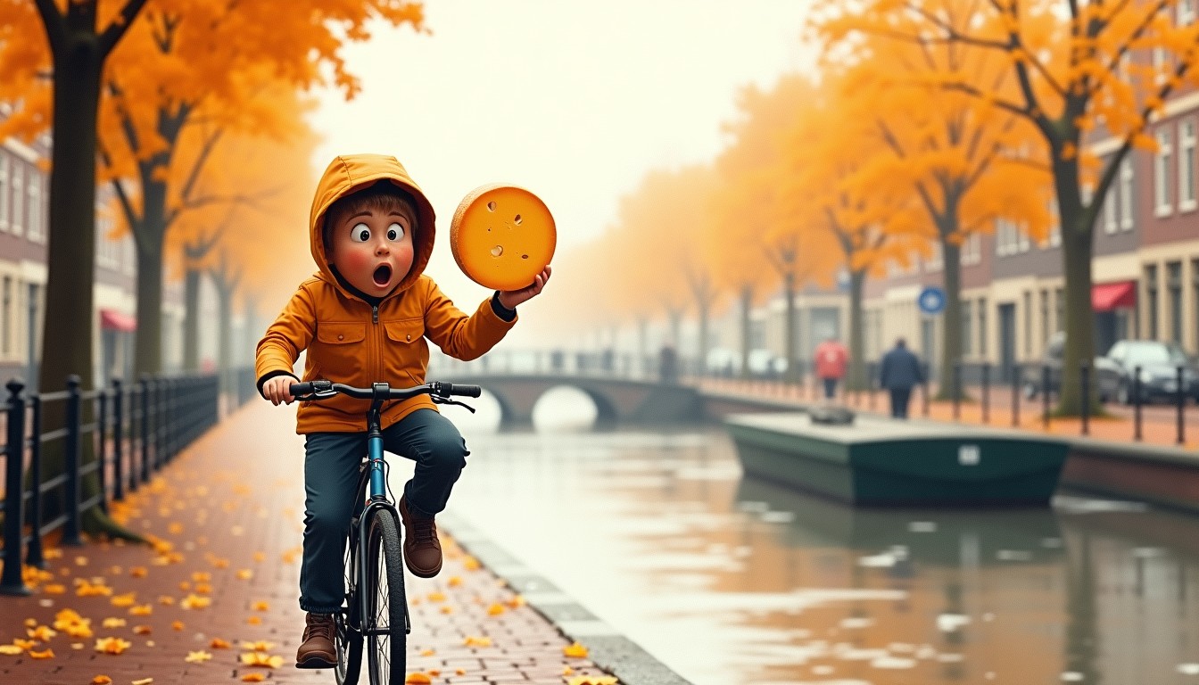 Cyclist in rain holding a wheel of cheese on a Dutch street