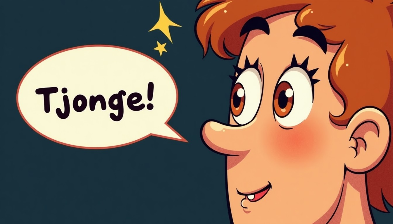 Close-up of a person's surprised face with a speech bubble saying Tjonge