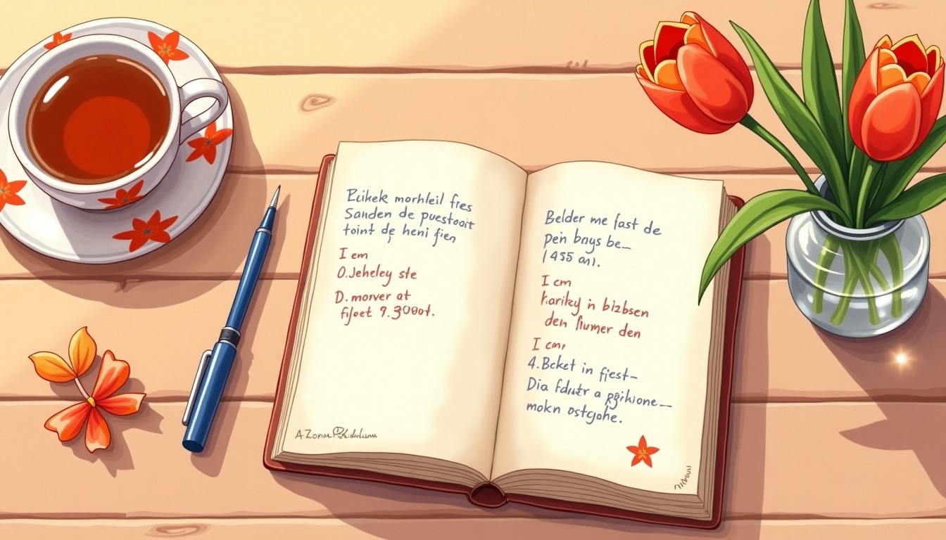 Open journal with Dutch sentences and corrections, tea and tulip nearby