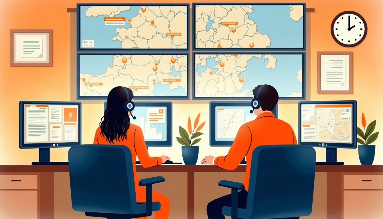 An illustration of a Dutch emergency dispatch center with operators at desks and screens showing maps.