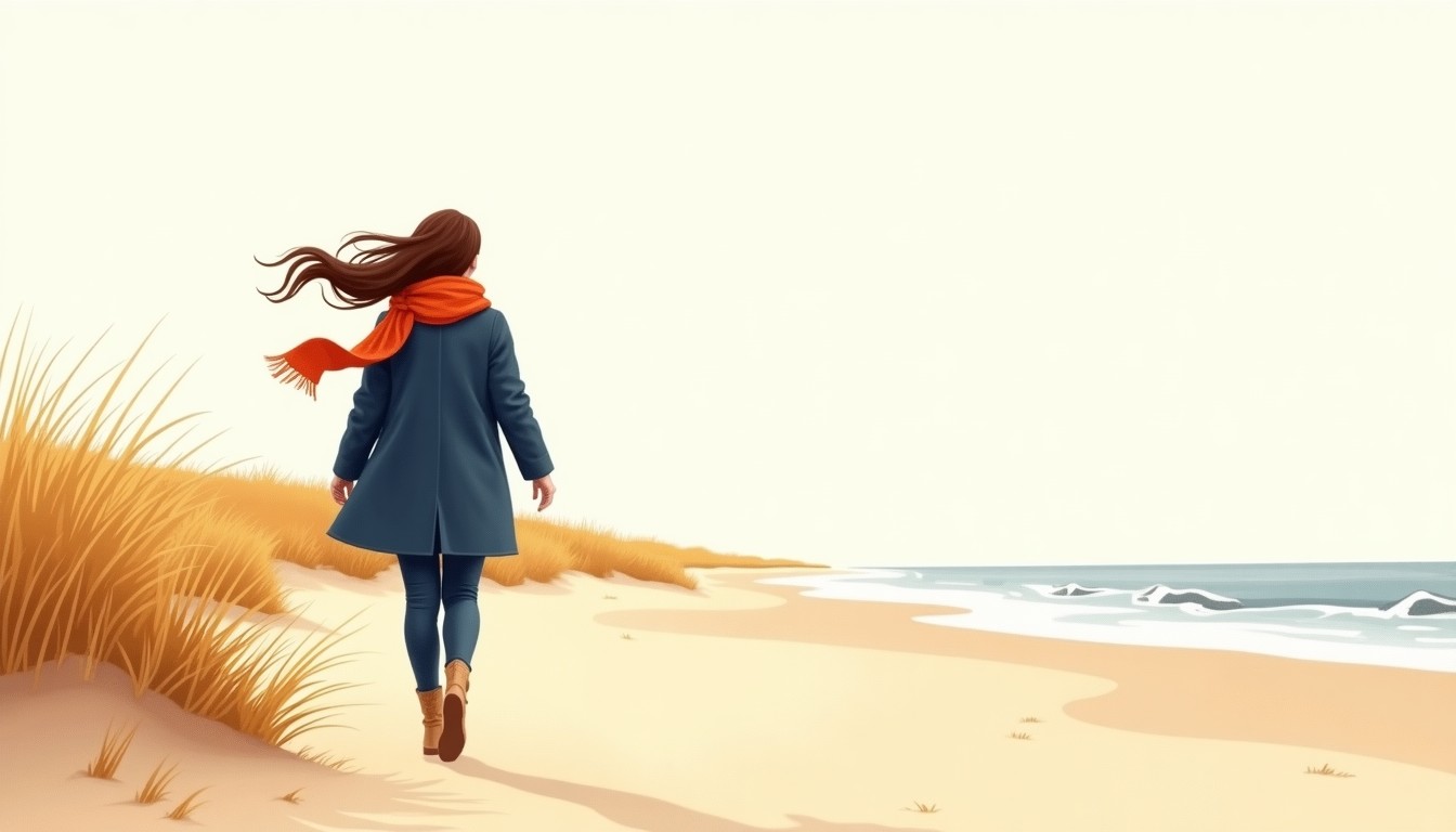 A person walking on a windy beach with dunes, wearing a coat and scarf, with windblown hair.